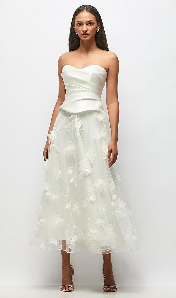 strapless little white dress with drop waist satin corset over floral tulle midi skirt