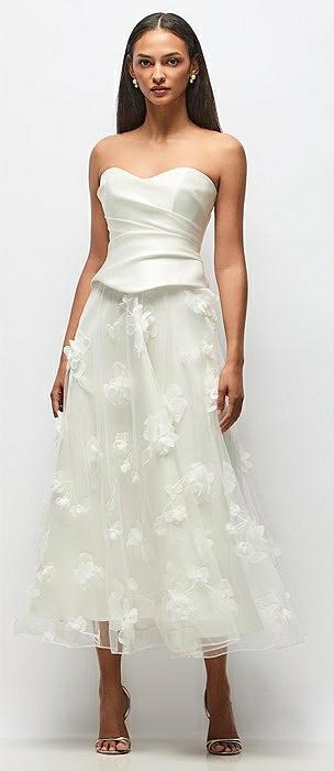 strapless little white dress with drop waist satin corset over floral tulle midi skirt