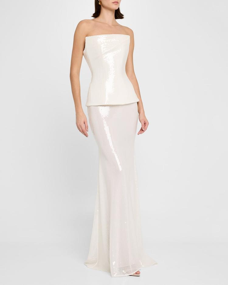 Alex Perry Strapless Longline Corset Sequin Gown – A long, strapless gown featuring a structured longline corset and transparent floor-length skirt.
