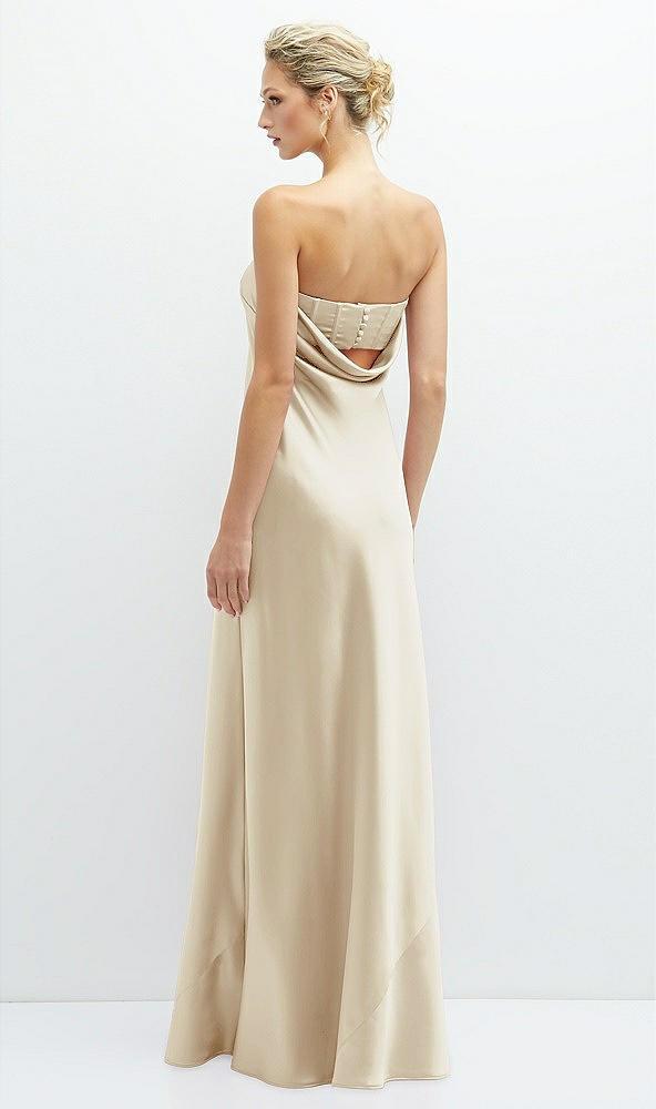 strapless maxi bias column dress with peek-a-boo corset back