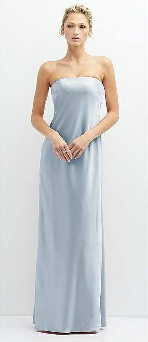 strapless maxi bias column dress with peek-a-boo corset back