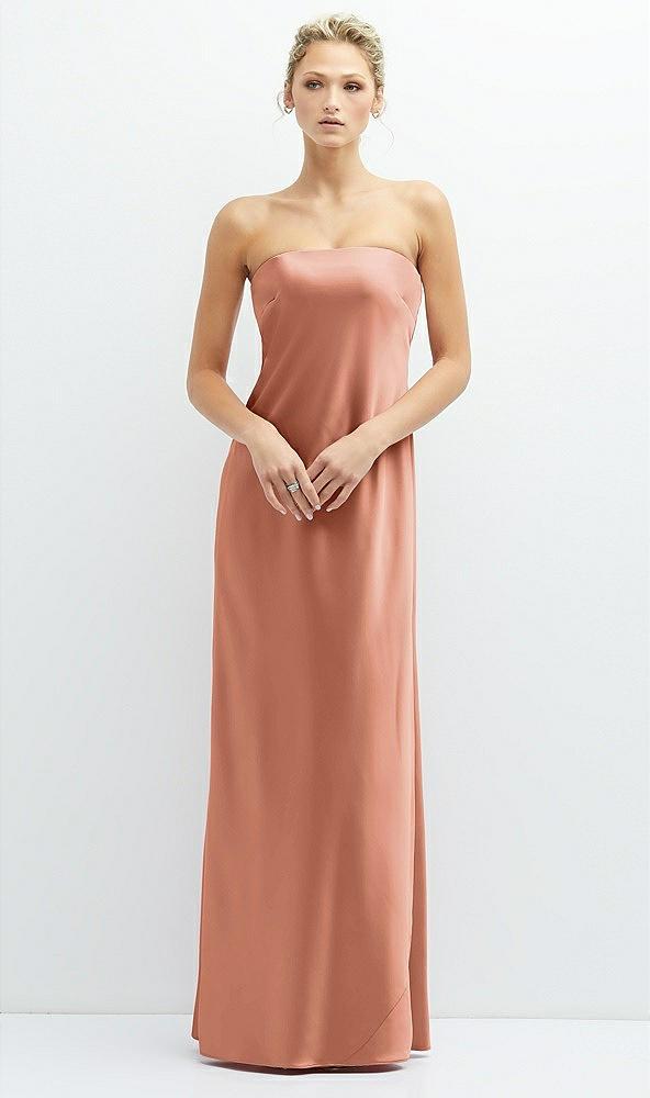 strapless maxi bias column dress with peek-a-boo corset back