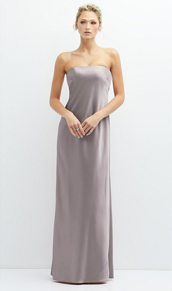 strapless maxi bias column dress with peek-a-boo corset back