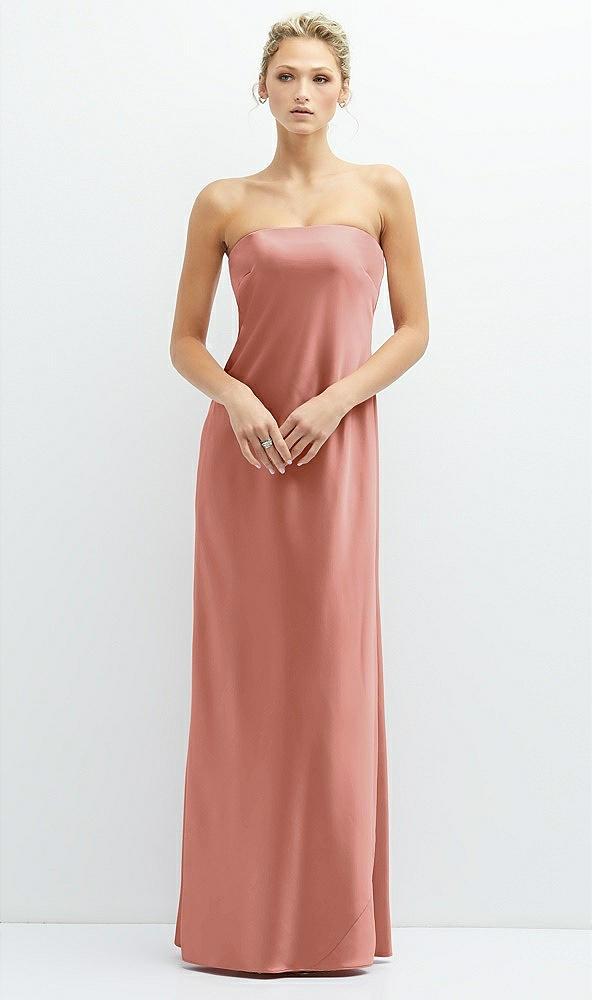 strapless maxi bias column dress with peek-a-boo corset back