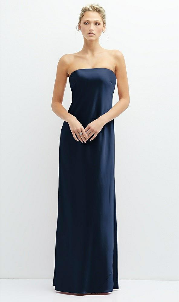 strapless maxi bias column dress with peek-a-boo corset back