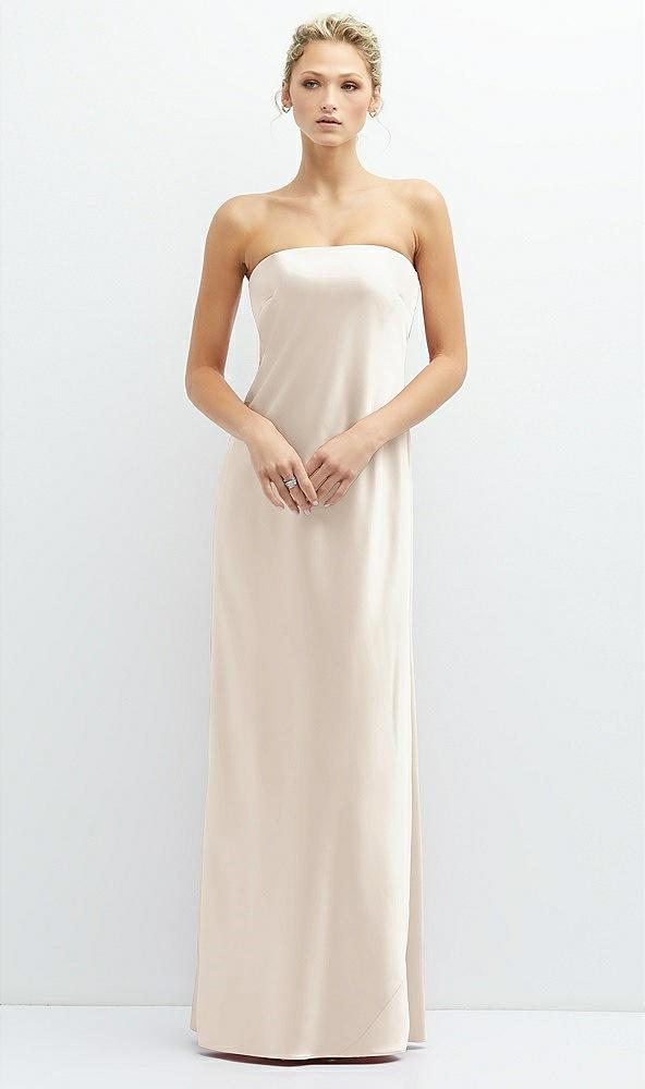 strapless maxi bias column dress with peek-a-boo corset back
