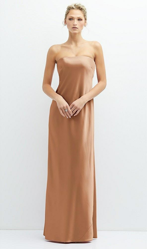 strapless maxi bias column dress with peek-a-boo corset back