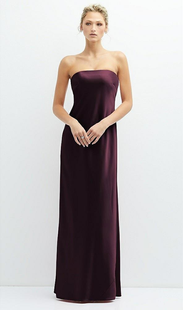 strapless maxi bias column dress with peek-a-boo corset back
