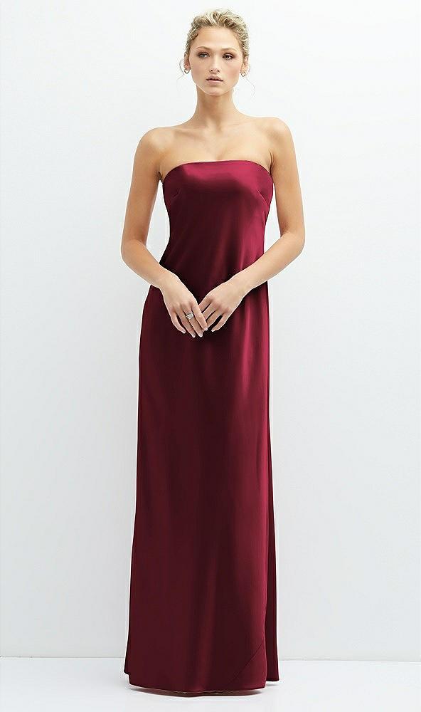 strapless maxi bias column dress with peek-a-boo corset back