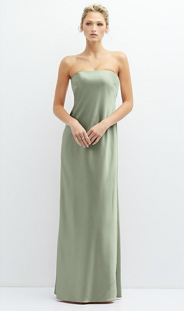 strapless maxi bias column dress with peek-a-boo corset back