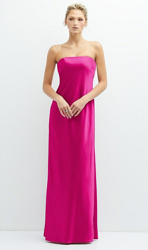 strapless maxi bias column dress with peek-a-boo corset back