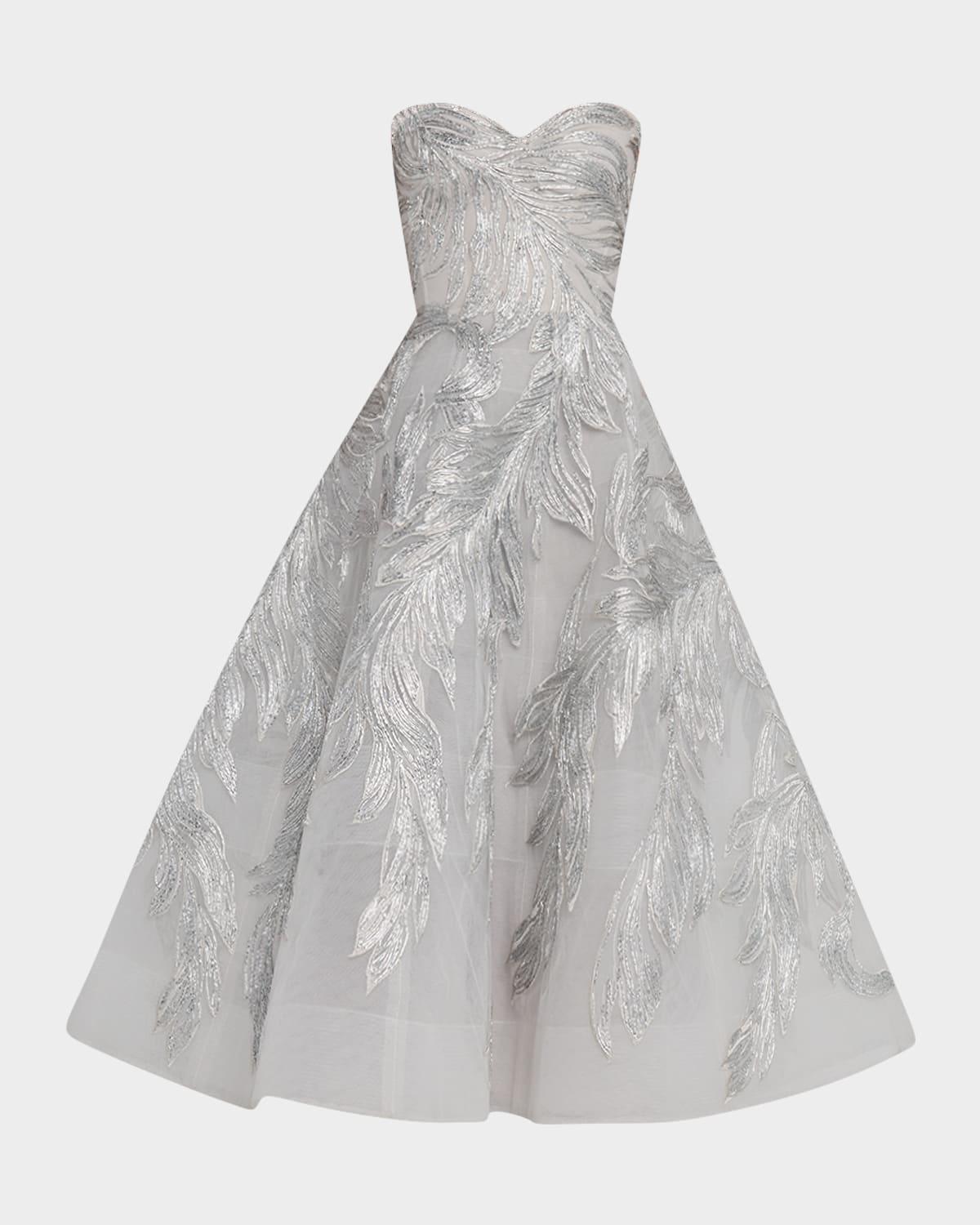 strapless metallic embroidered tea-length cocktail dress