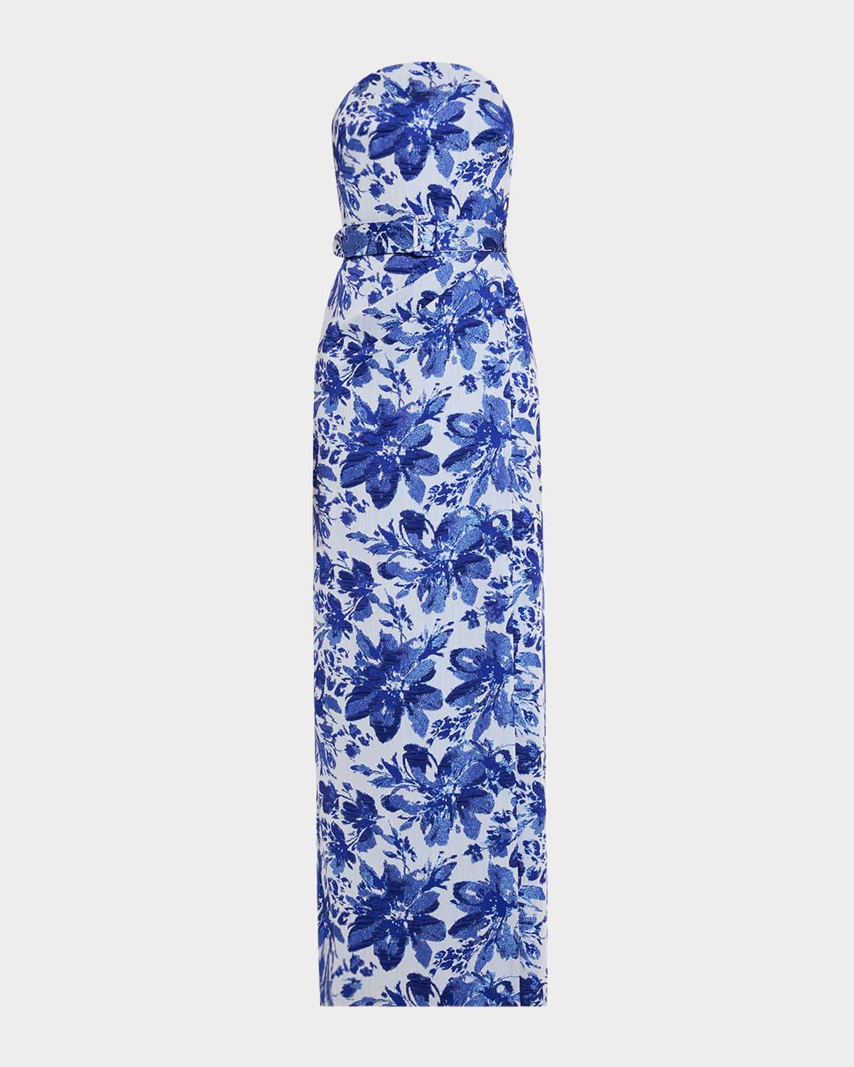 strapless metallic floral jacquard column gown