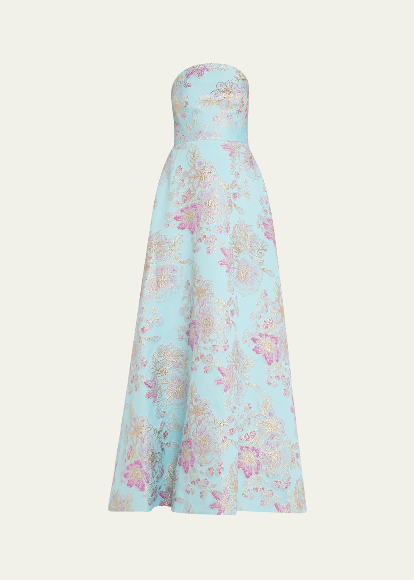 strapless metallic floral jacquard gown