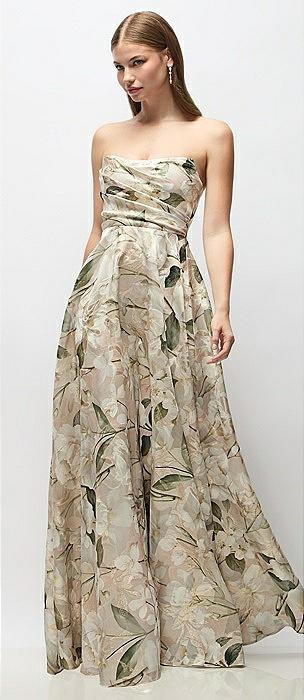 strapless metallic organza jacquard maxi dress with draped cat-eye bodice