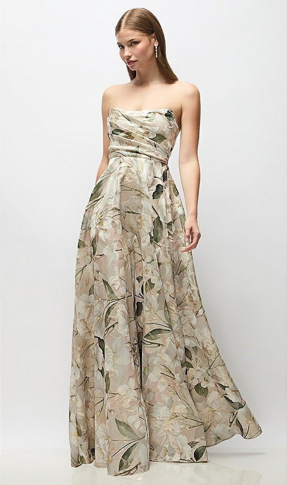 strapless metallic organza jacquard maxi dress with draped cat-eye bodice