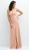 strapless notch-neck crepe a-line dress with rhinestone piping bows