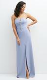 strapless notch-neck crepe a-line dress with rhinestone piping bows