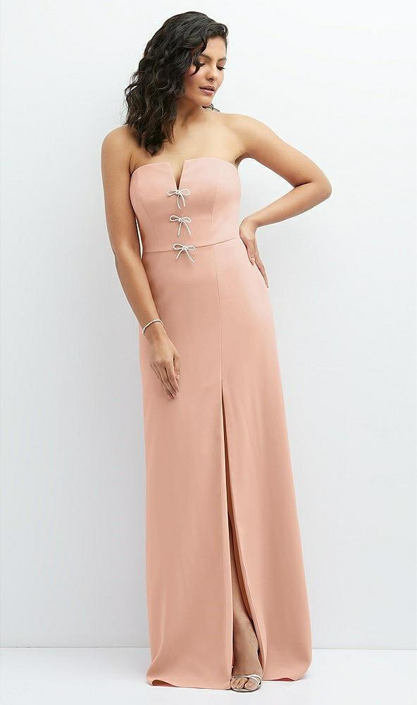 strapless notch-neck crepe a-line dress with rhinestone piping bows