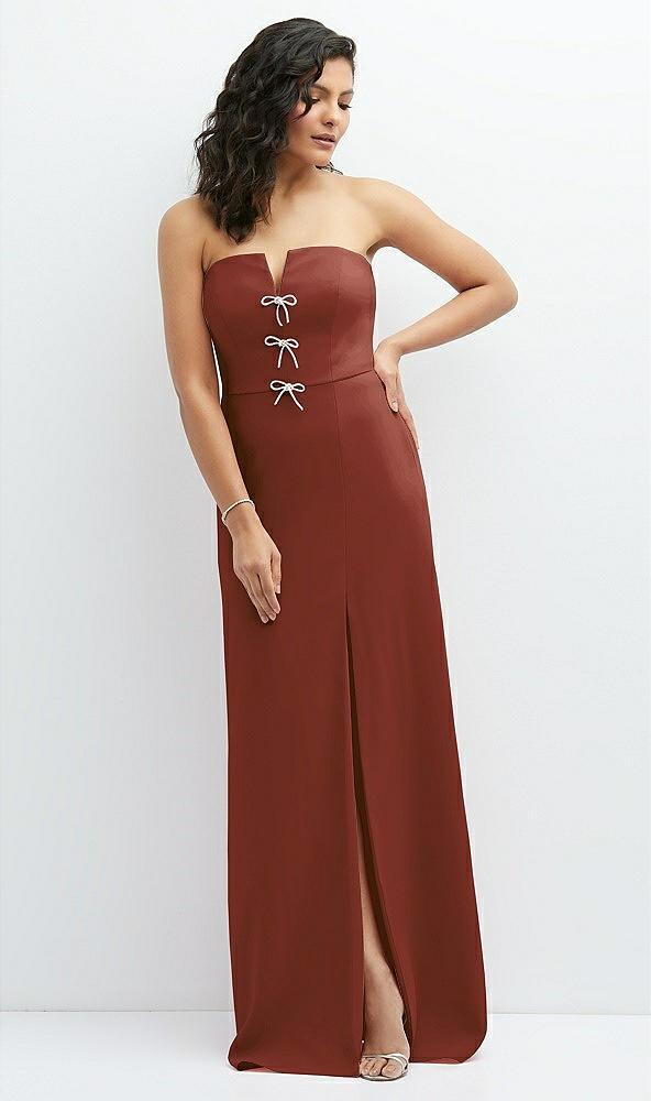 strapless notch-neck crepe a-line dress with rhinestone piping bows