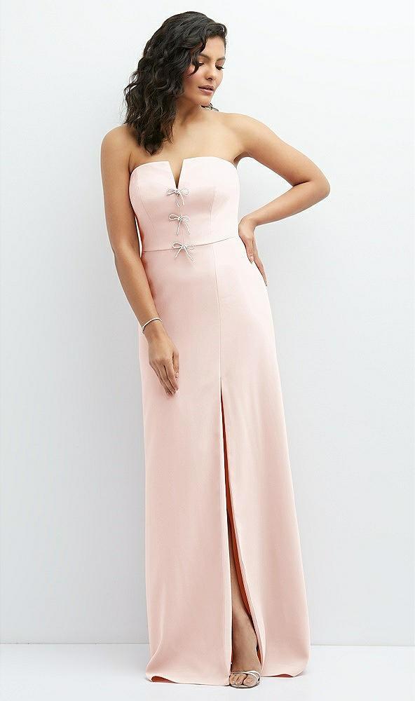 strapless notch-neck crepe a-line dress with rhinestone piping bows