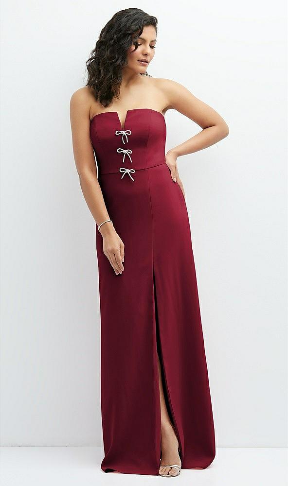strapless notch-neck crepe a-line dress with rhinestone piping bows