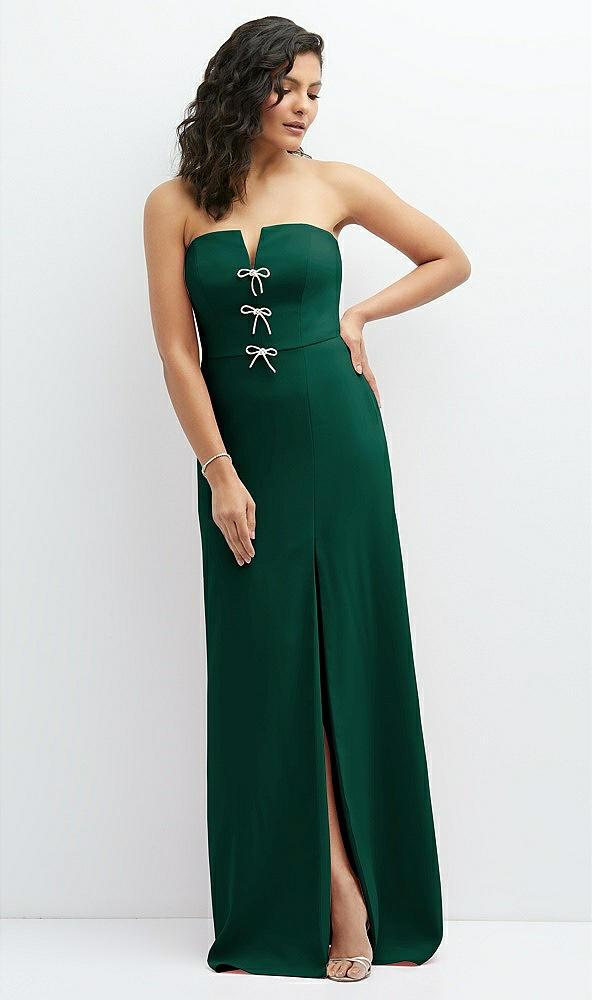 strapless notch-neck crepe a-line dress with rhinestone piping bows