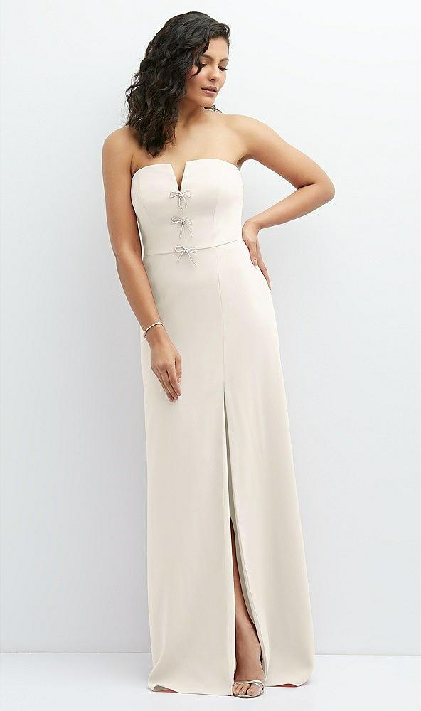 strapless notch-neck crepe a-line dress with rhinestone piping bows