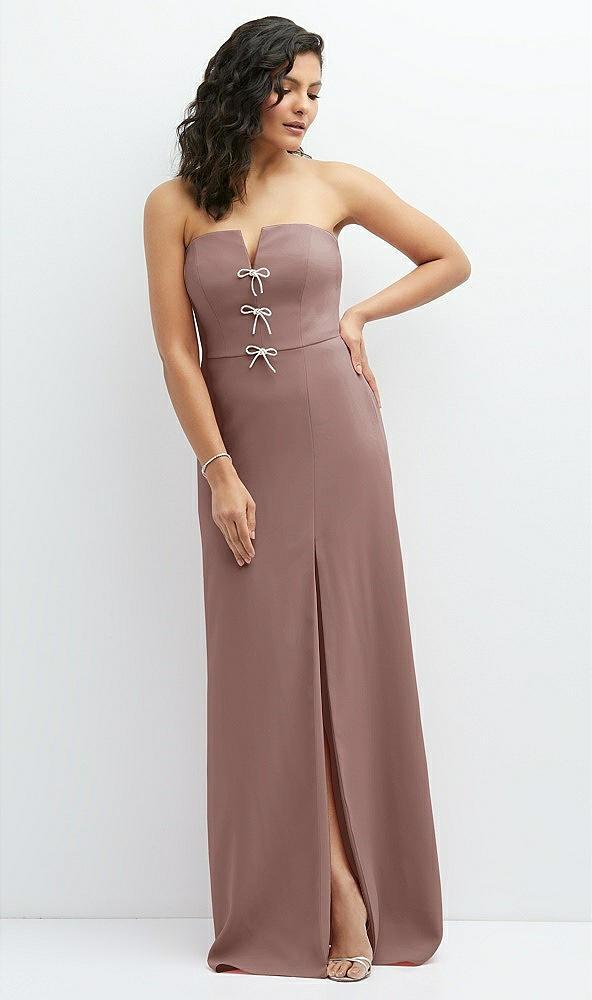 strapless notch-neck crepe a-line dress with rhinestone piping bows