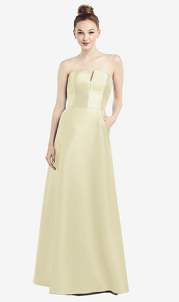 strapless notch satin gown with pockets