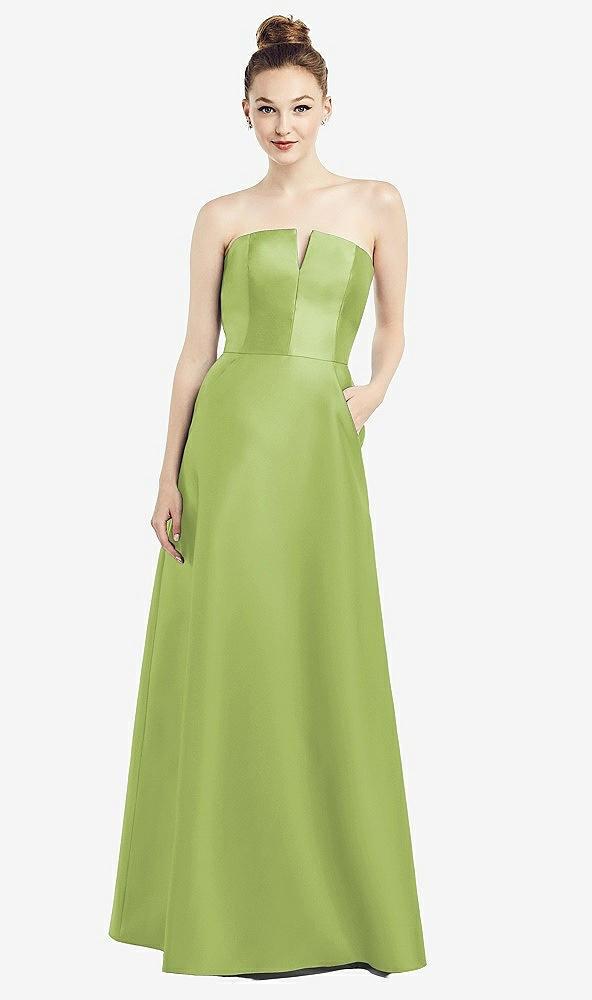 strapless notch satin gown with pockets