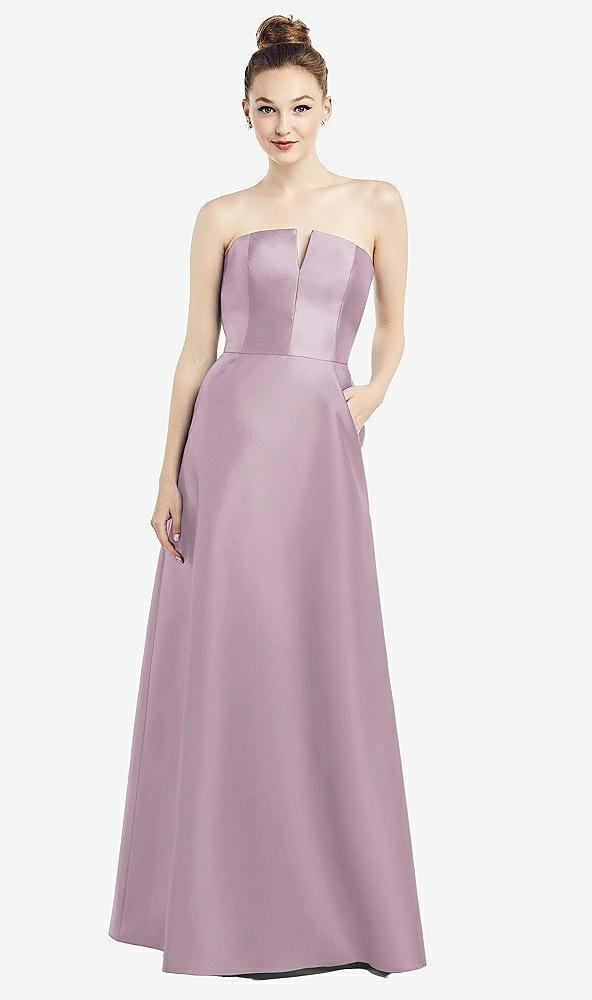 strapless notch satin gown with pockets