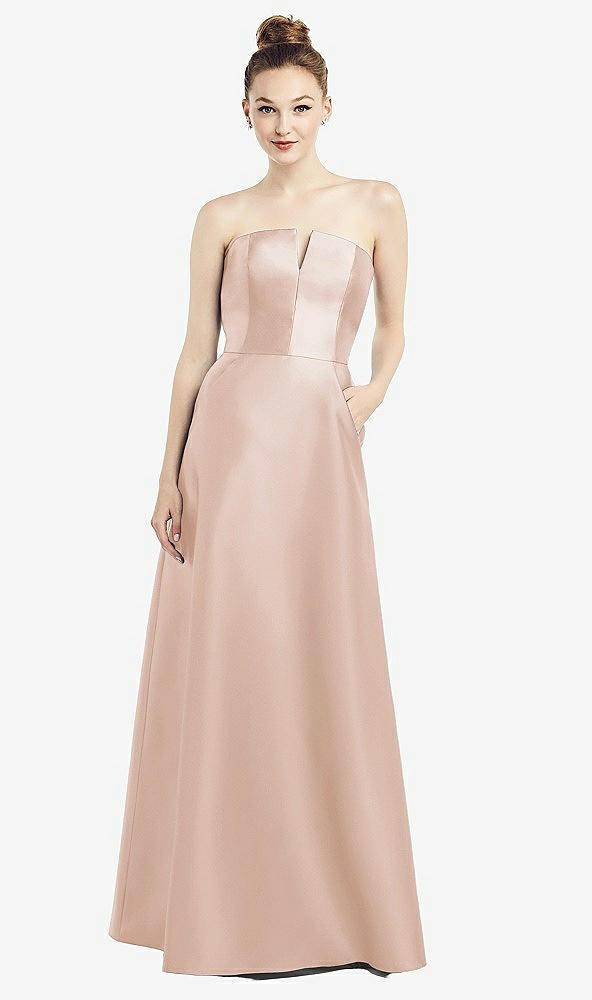 strapless notch satin gown with pockets