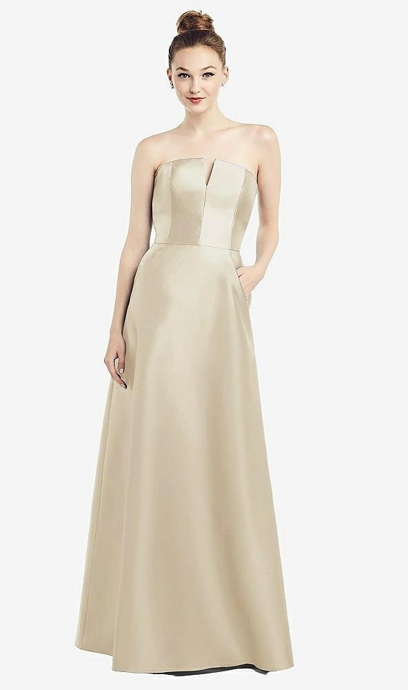 strapless notch satin gown with pockets