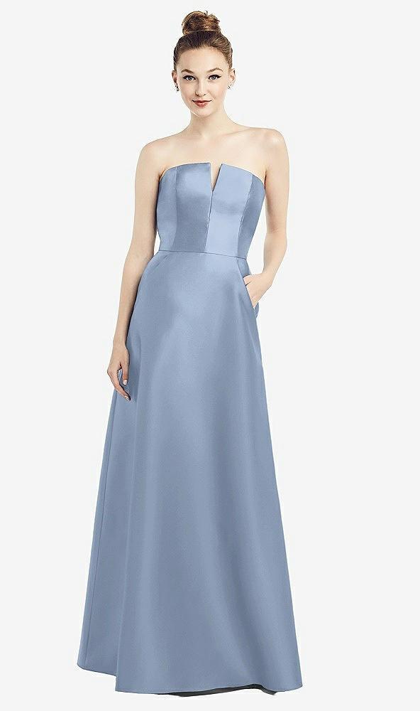 strapless notch satin gown with pockets