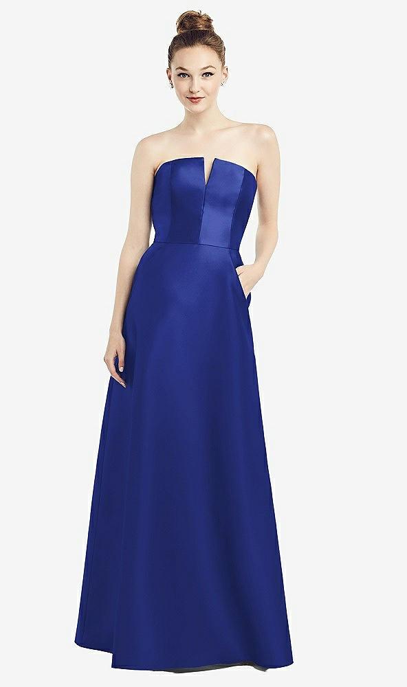 strapless notch satin gown with pockets