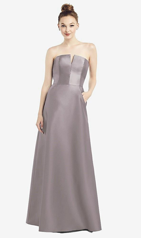strapless notch satin gown with pockets