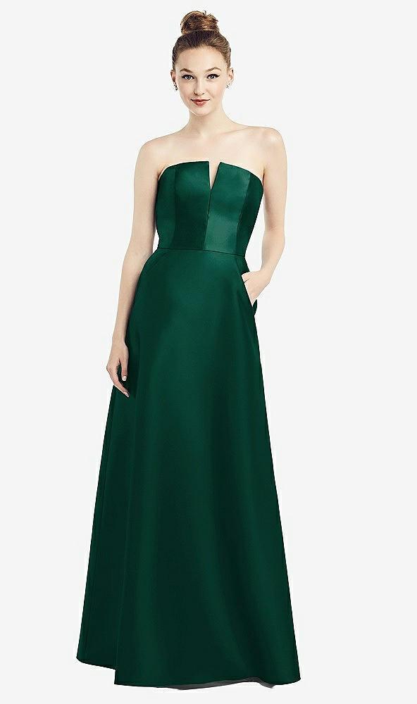 strapless notch satin gown with pockets