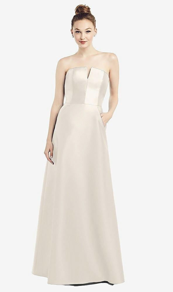 strapless notch satin gown with pockets