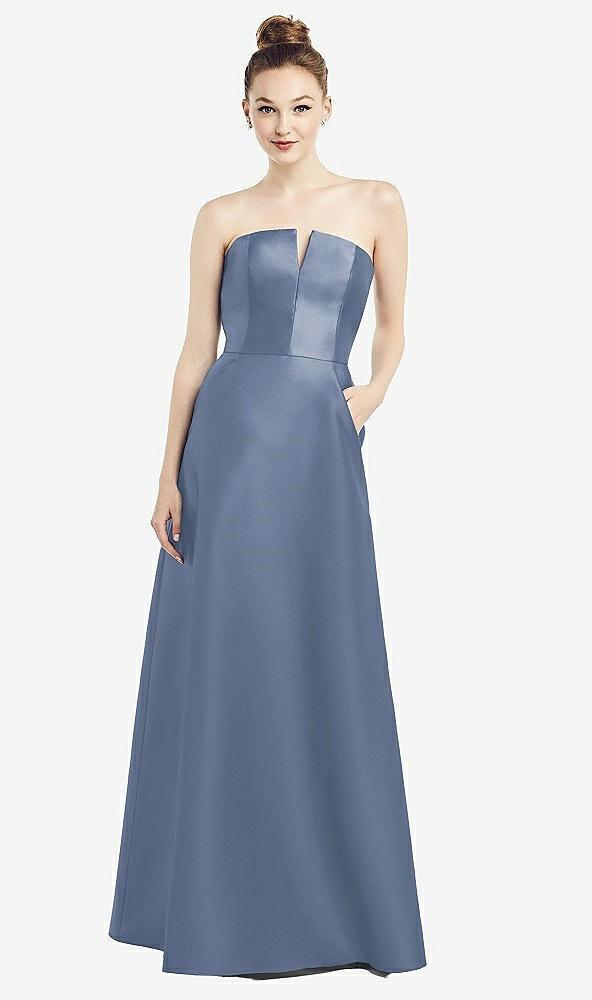 strapless notch satin gown with pockets