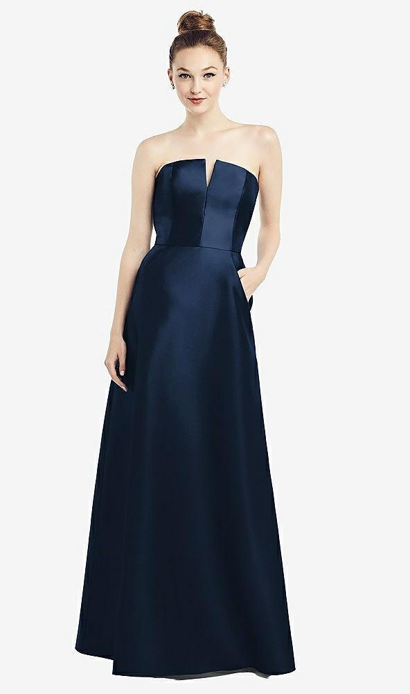 strapless notch satin gown with pockets
