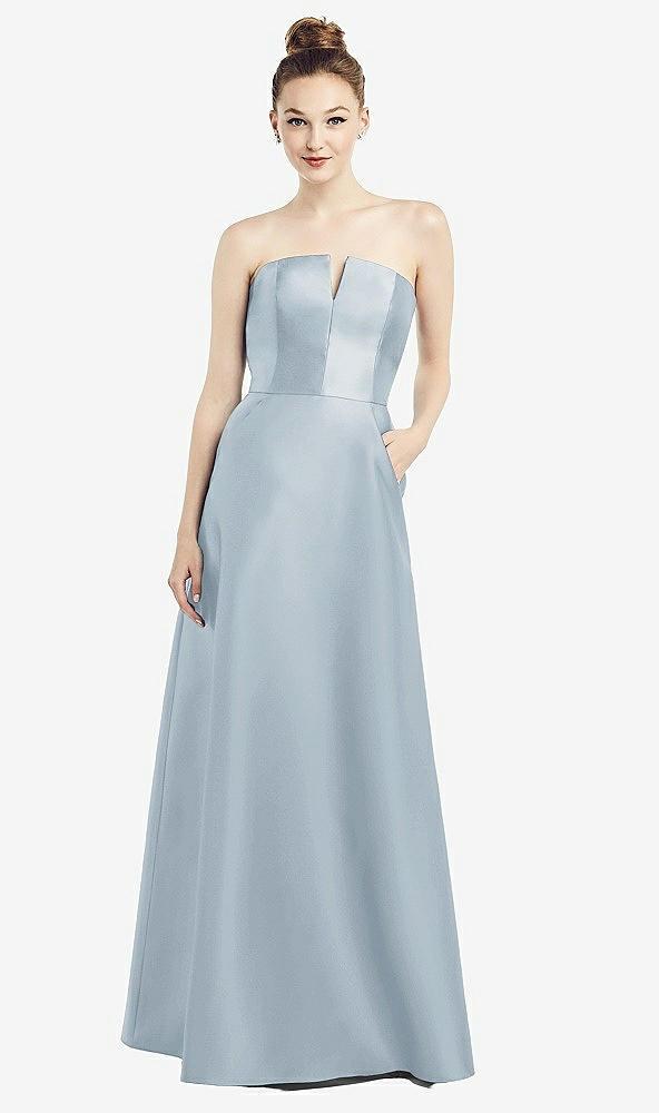 strapless notch satin gown with pockets