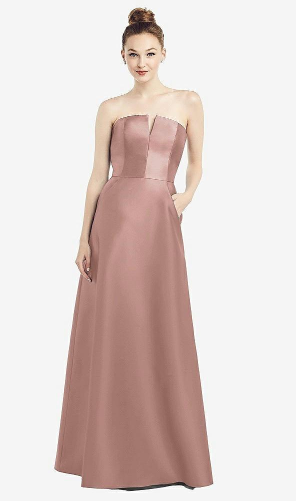 strapless notch satin gown with pockets