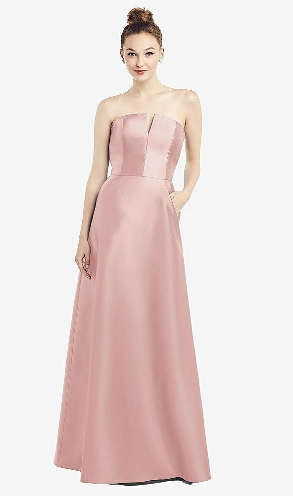 strapless notch satin gown with pockets