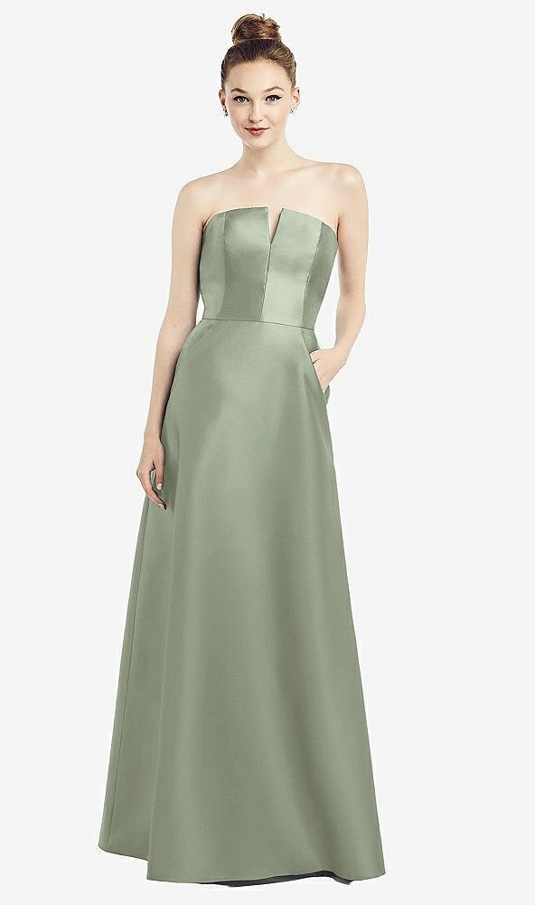 strapless notch satin gown with pockets