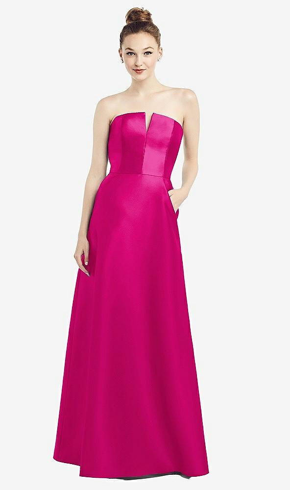 strapless notch satin gown with pockets
