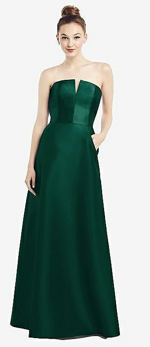 strapless notch satin gown with pockets