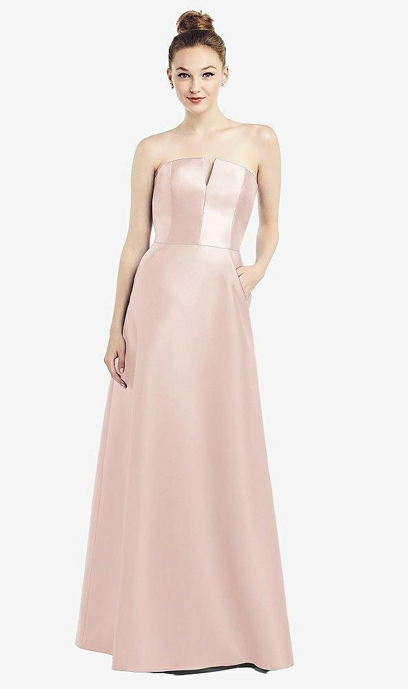 strapless notch satin gown with pockets