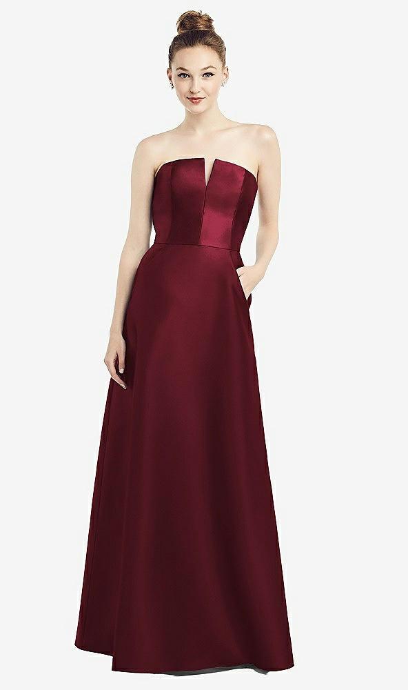strapless notch satin gown with pockets