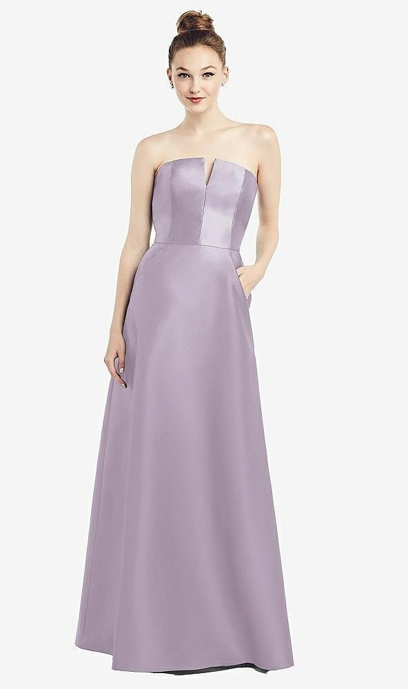 strapless notch satin gown with pockets